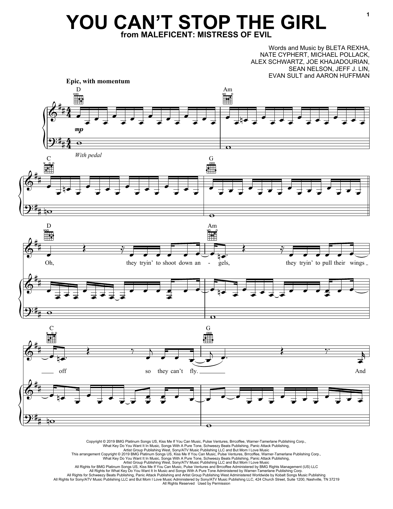 Download Bebe Rexha You Can't Stop The Girl (from Disney's Maleficent: Mistress of Evil) Sheet Music and learn how to play Piano, Vocal & Guitar Chords (Right-Hand Melody) PDF digital score in minutes