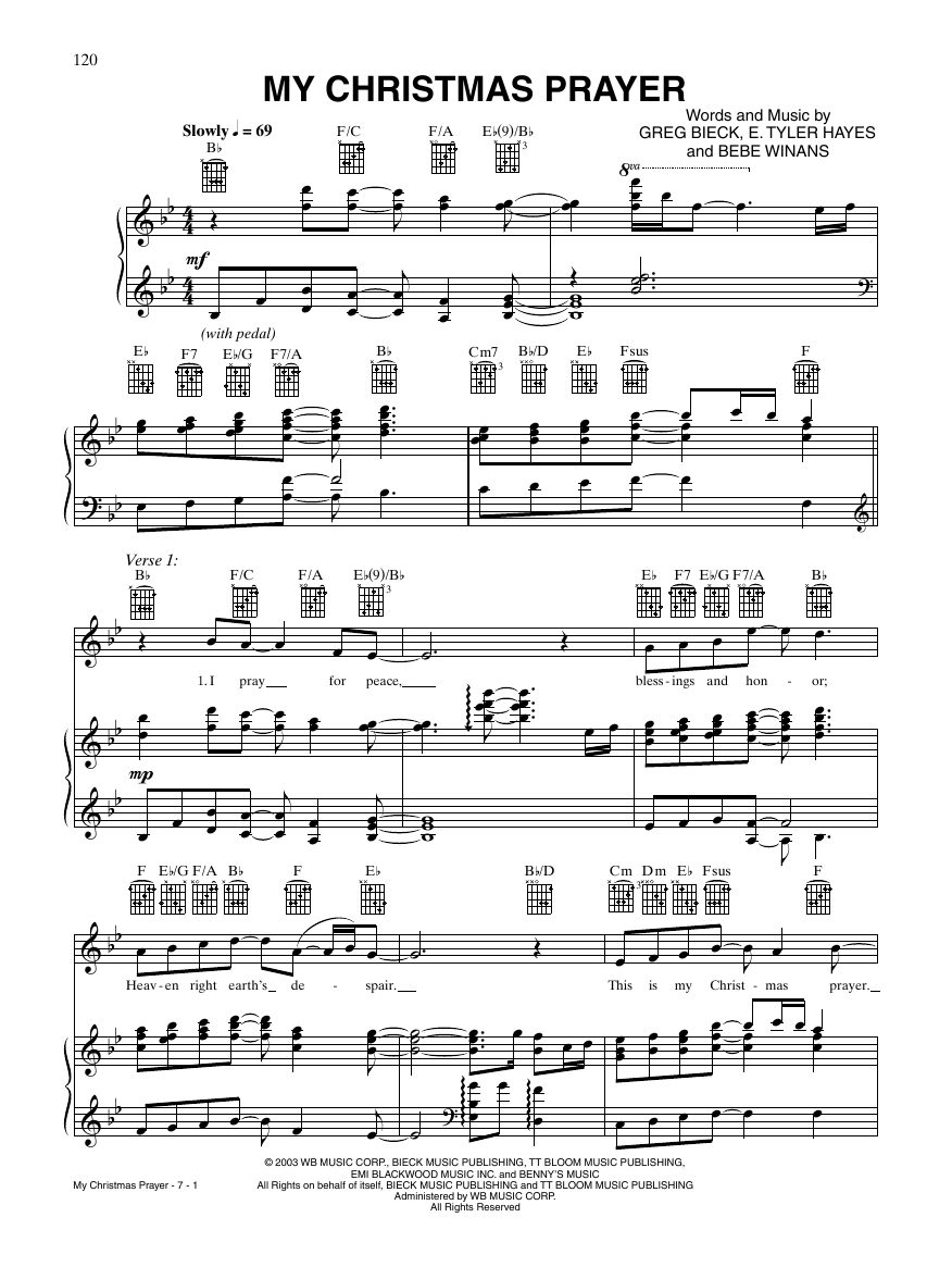Download BeBe Winans My Christmas Prayer Sheet Music and learn how to play Piano, Vocal & Guitar Chords (Right-Hand Melody) PDF digital score in minutes