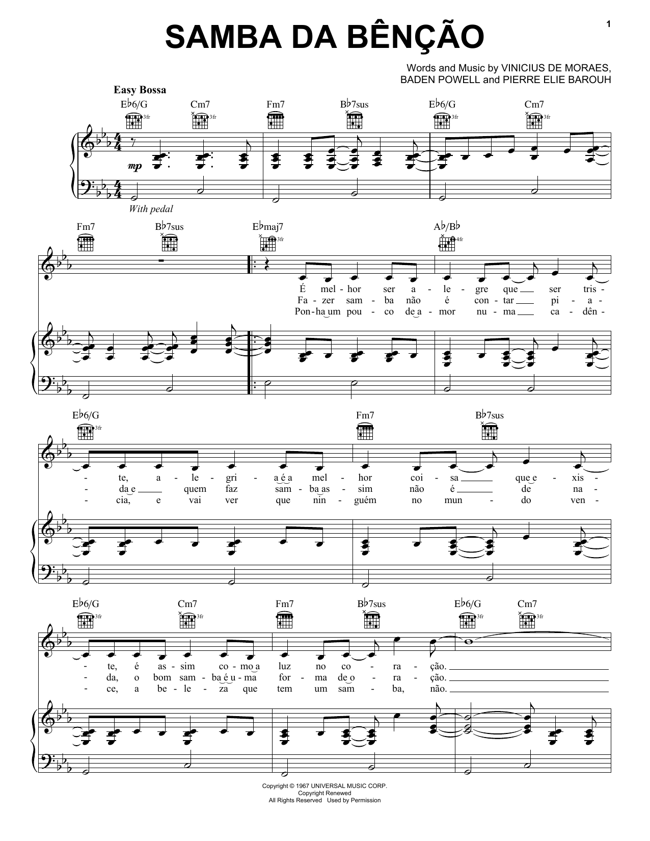 Download Bebel Gilberto Samba da Bencao Sheet Music and learn how to play Piano, Vocal & Guitar (Right-Hand Melody) PDF digital score in minutes