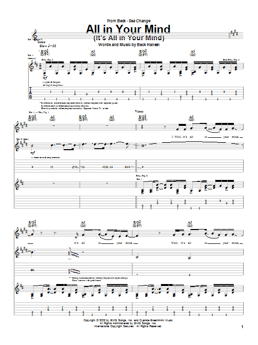 Download Beck All In Your Mind (It's All In Your Mind) Sheet Music and learn how to play Guitar Tab PDF digital score in minutes