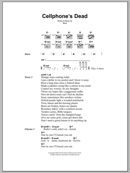 Download Beck Cellphone's Dead Sheet Music and learn how to play Lyrics & Chords PDF digital score in minutes