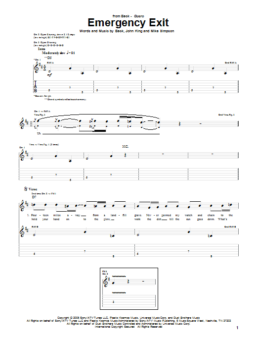 Download Beck Emergency Exit Sheet Music and learn how to play Guitar Tab PDF digital score in minutes