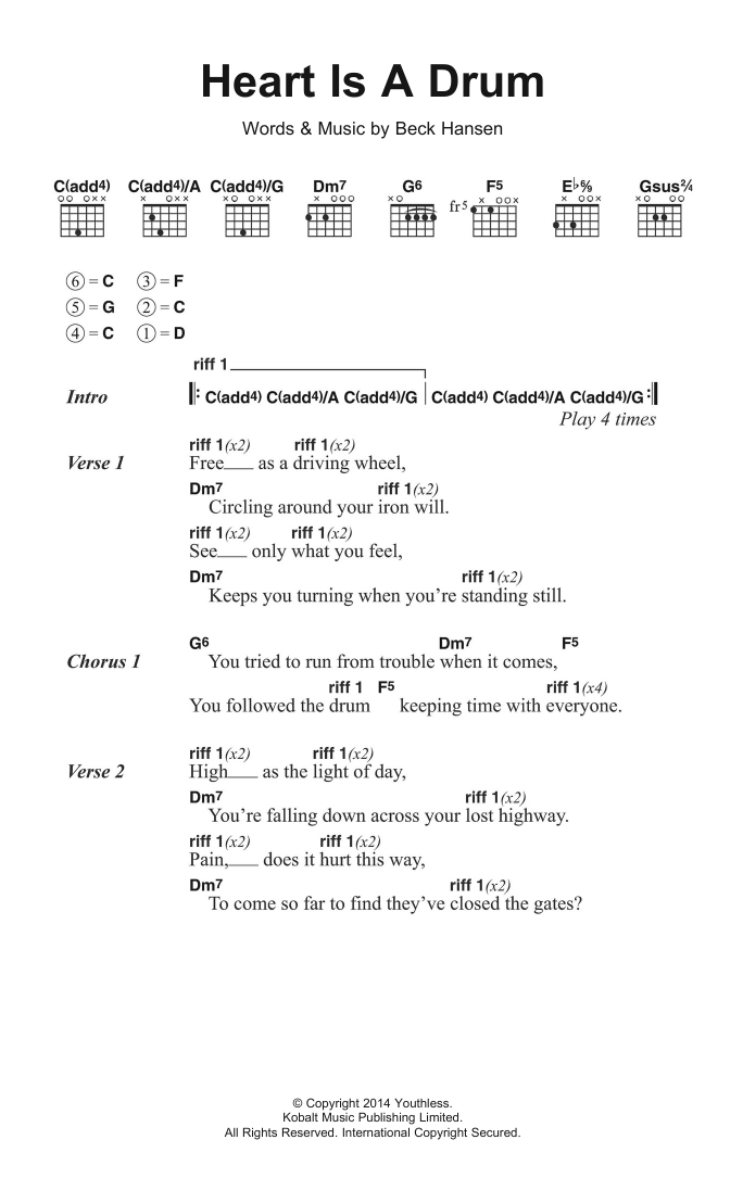 Download Beck Heart Is A Drum Sheet Music and learn how to play Lyrics & Chords PDF digital score in minutes