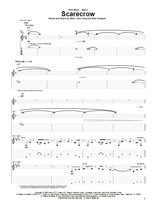 Download Beck Scarecrow Sheet Music and learn how to play Guitar Tab PDF digital score in minutes