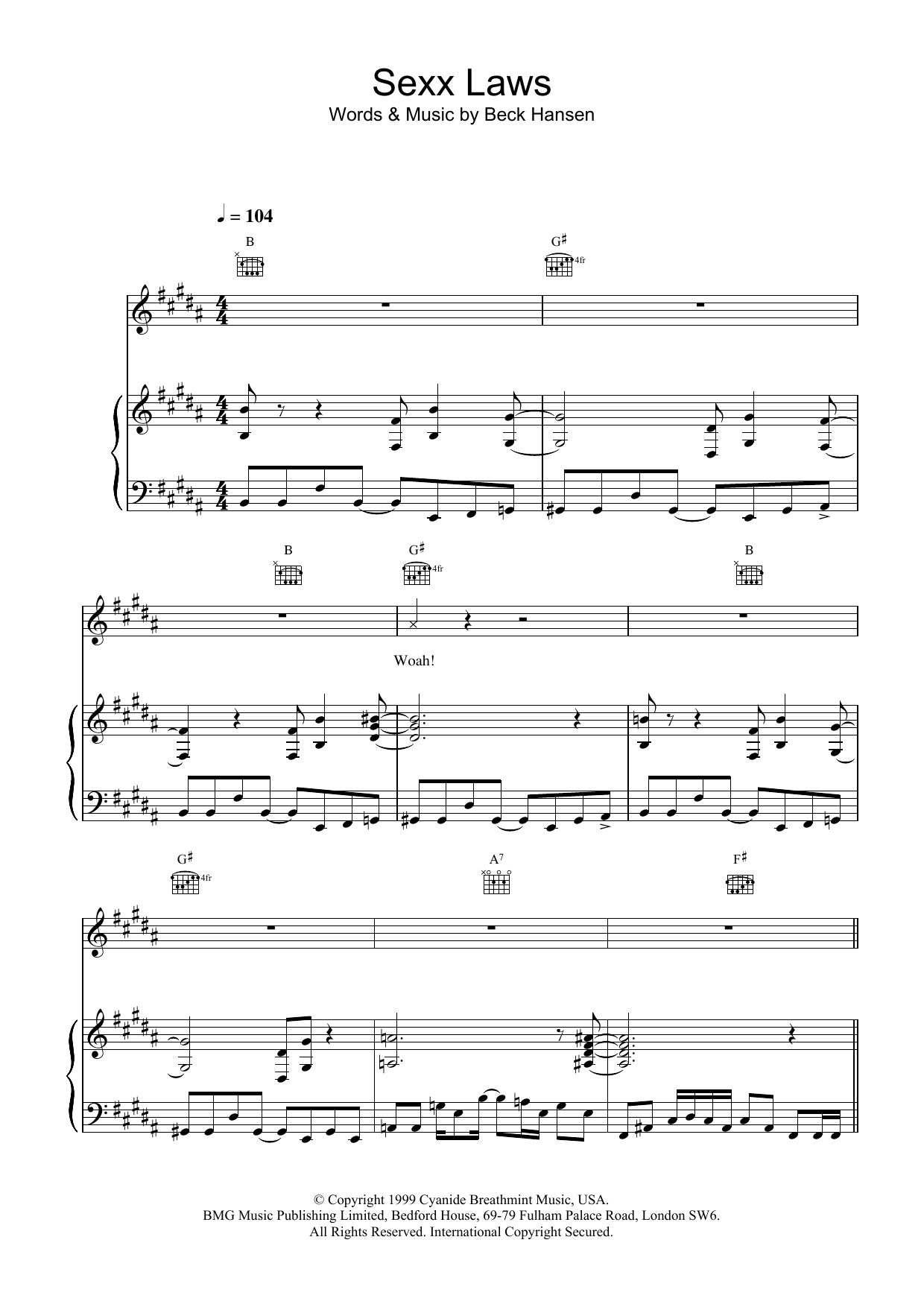 Download Beck Sexx Laws Sheet Music and learn how to play Piano, Vocal & Guitar PDF digital score in minutes