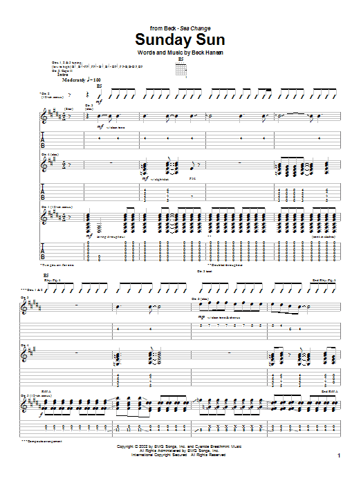 Download Beck Sunday Sun Sheet Music and learn how to play Guitar Tab PDF digital score in minutes