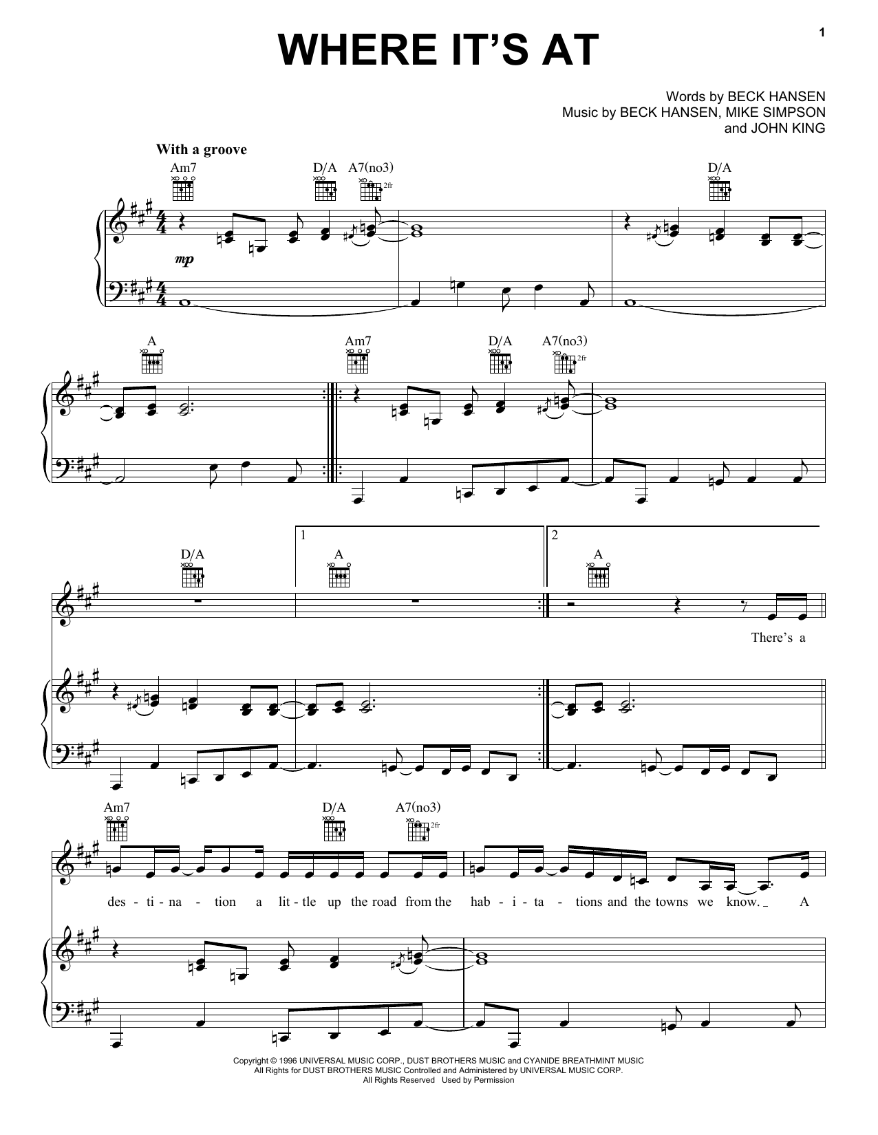 Download Beck Where It's At Sheet Music and learn how to play Piano, Vocal & Guitar (Right-Hand Melody) PDF digital score in minutes