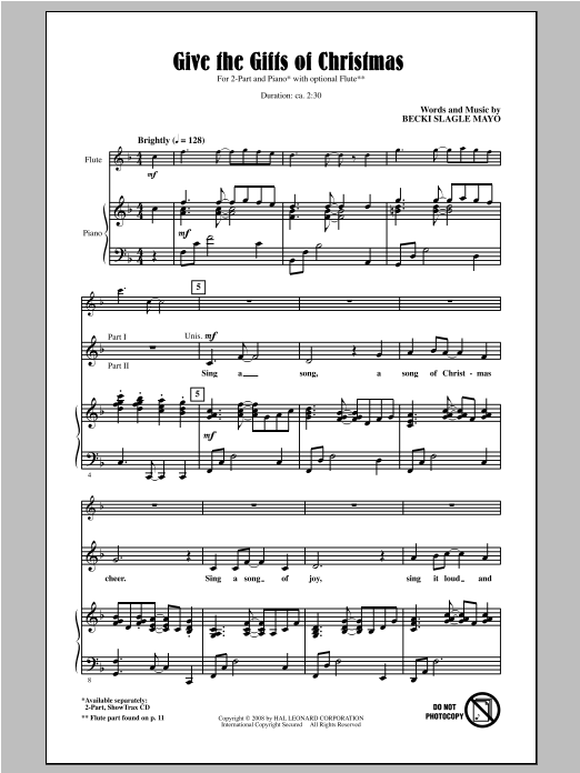 Download Becki Slagle Mayo Give The Gifts Of Christmas Sheet Music and learn how to play 2-Part Choir PDF digital score in minutes
