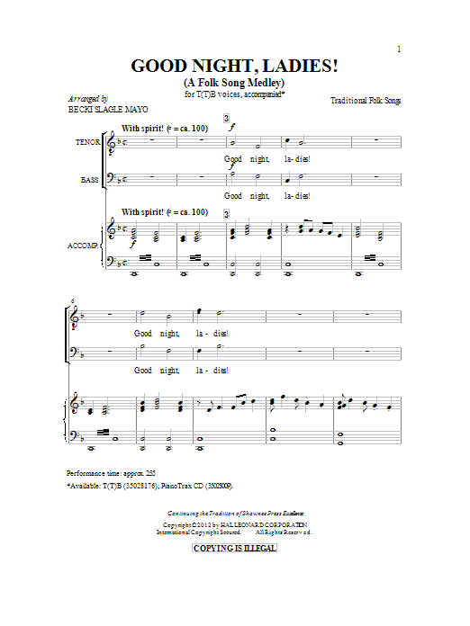 Download Becki Slagle Mayo Good Night, Ladies! (A Folk Song Medley) Sheet Music and learn how to play TTBB PDF digital score in minutes