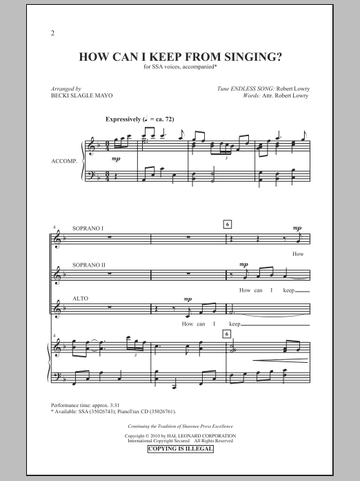 Download Becki Slagle Mayo How Can I Keep From Singing? Sheet Music and learn how to play SSA Choir PDF digital score in minutes
