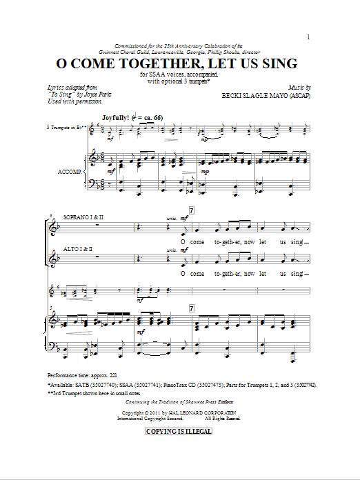 Download Becki Slagle Mayo O Come Together, Let Us Sing Sheet Music and learn how to play SATB PDF digital score in minutes