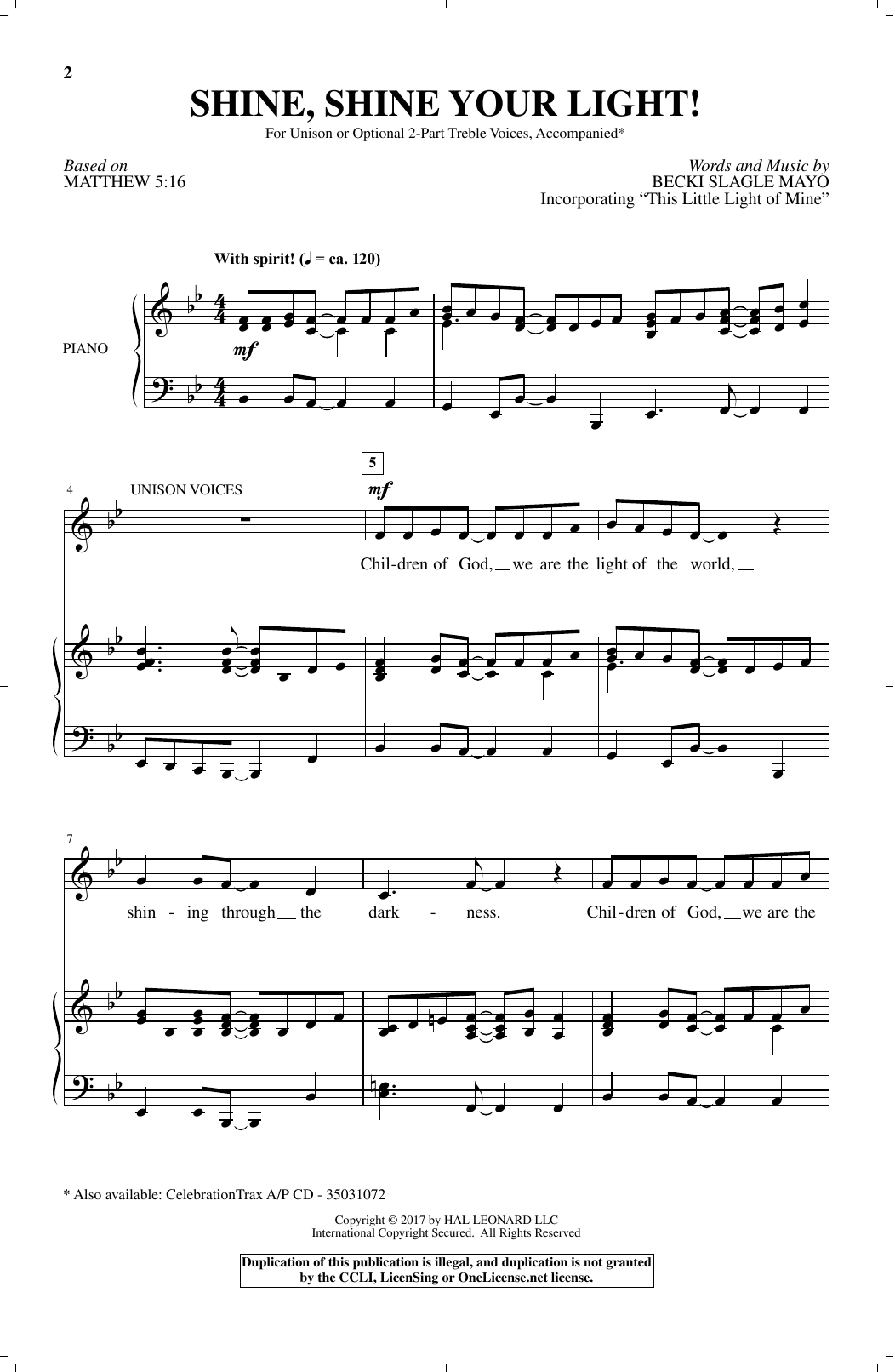 Download Becki Slagle Mayo Shine, Shine Your Light! Sheet Music and learn how to play Choral PDF digital score in minutes