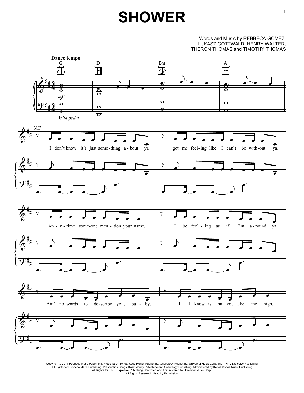 Download Becky G Shower Sheet Music and learn how to play Piano, Vocal & Guitar (Right-Hand Melody) PDF digital score in minutes