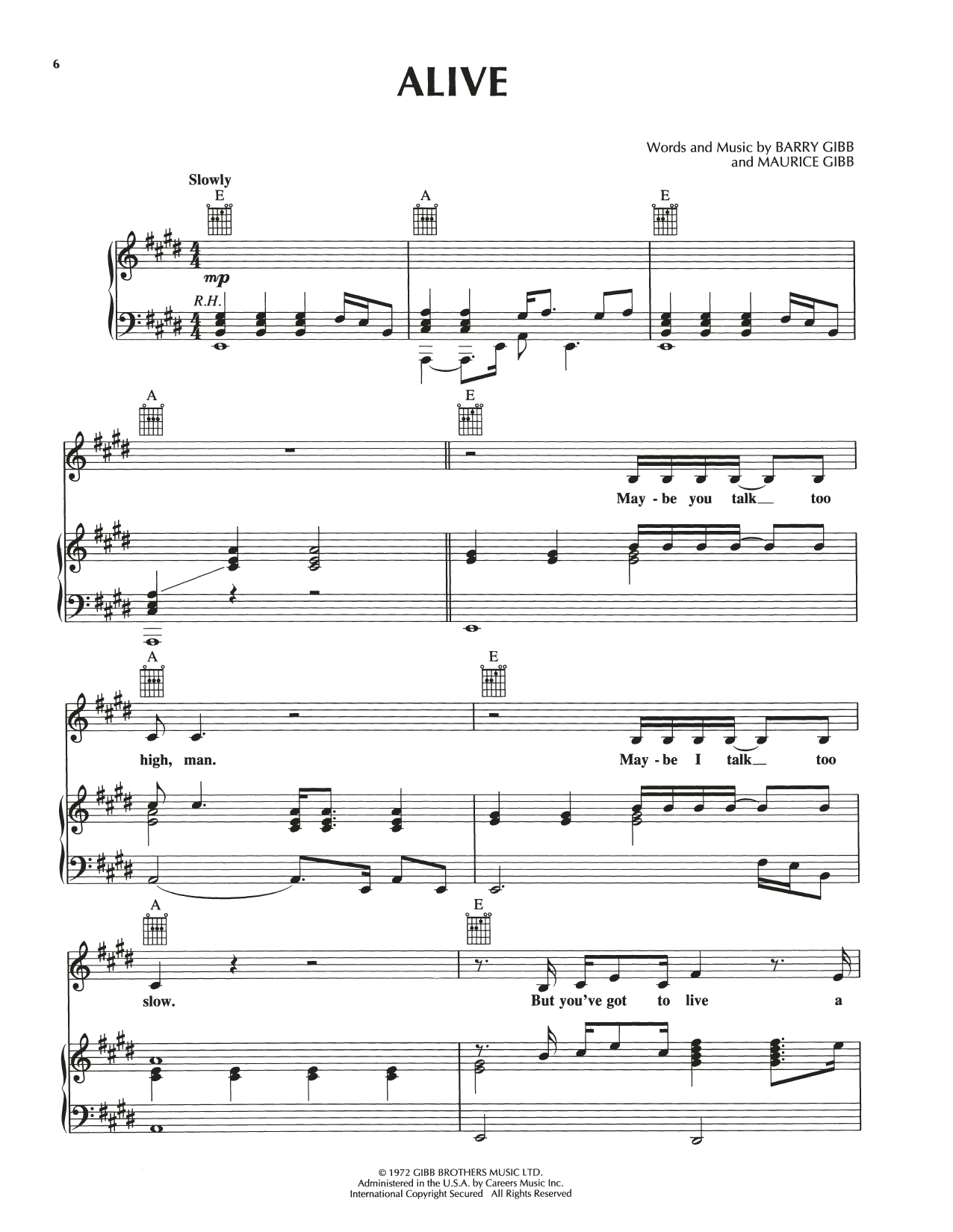Download Bee Gees Alive Sheet Music and learn how to play Piano, Vocal & Guitar Chords (Right-Hand Melody) PDF digital score in minutes