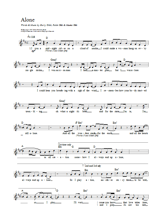 Download Bee Gees Alone Sheet Music and learn how to play Piano, Vocal & Guitar (Right-Hand Melody) PDF digital score in minutes