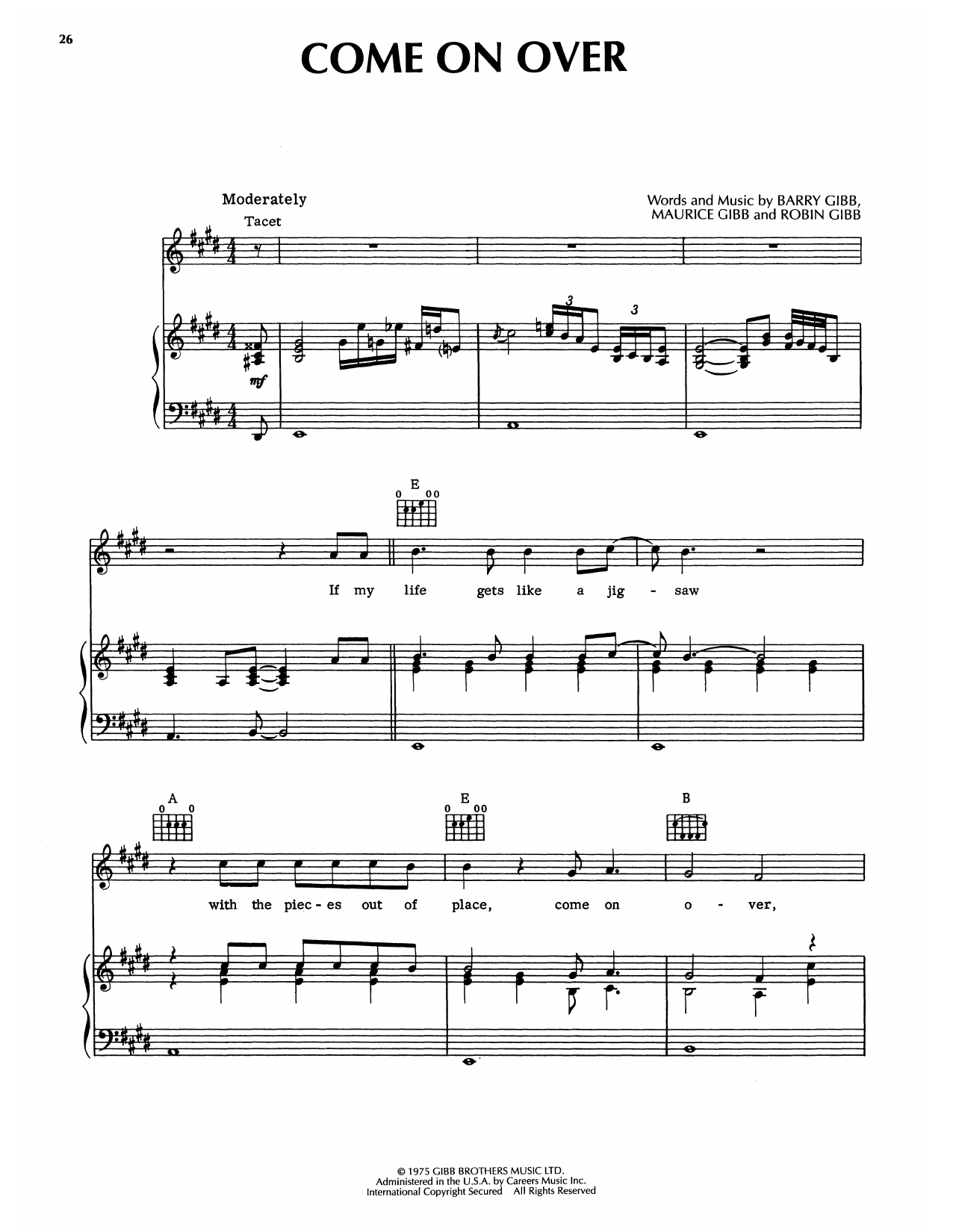 Download Bee Gees Come On Over Sheet Music and learn how to play Piano, Vocal & Guitar Chords (Right-Hand Melody) PDF digital score in minutes