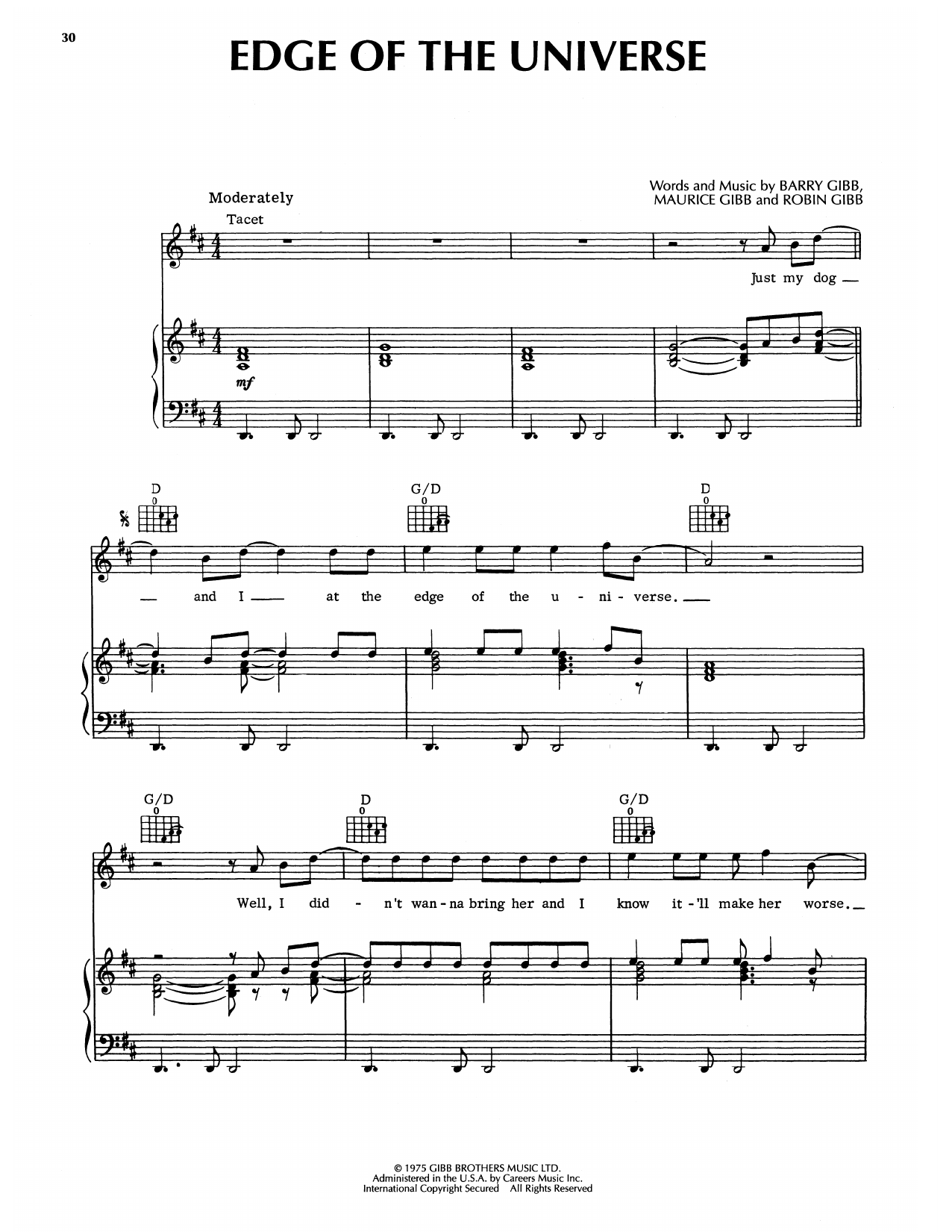 Download Bee Gees Edge Of The Universe Sheet Music and learn how to play Piano, Vocal & Guitar Chords (Right-Hand Melody) PDF digital score in minutes