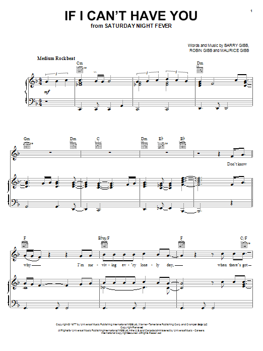 Download Bee Gees If I Can't Have You Sheet Music and learn how to play Piano, Vocal & Guitar (Right-Hand Melody) PDF digital score in minutes