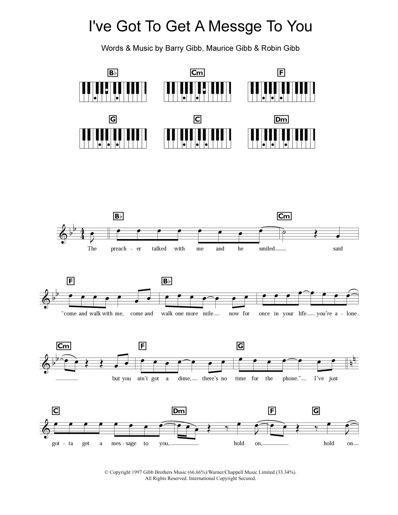 Download Bee Gees I've Got To Get A Message To You Sheet Music and learn how to play Piano Chords/Lyrics PDF digital score in minutes