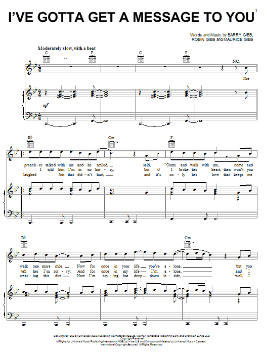 Download Bee Gees I've Gotta Get A Message To You Sheet Music and learn how to play Piano, Vocal & Guitar (Right-Hand Melody) PDF digital score in minutes