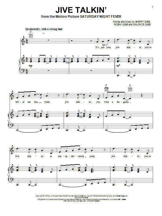 Download Bee Gees Jive Talkin' Sheet Music and learn how to play Piano, Vocal & Guitar (Right-Hand Melody) PDF digital score in minutes