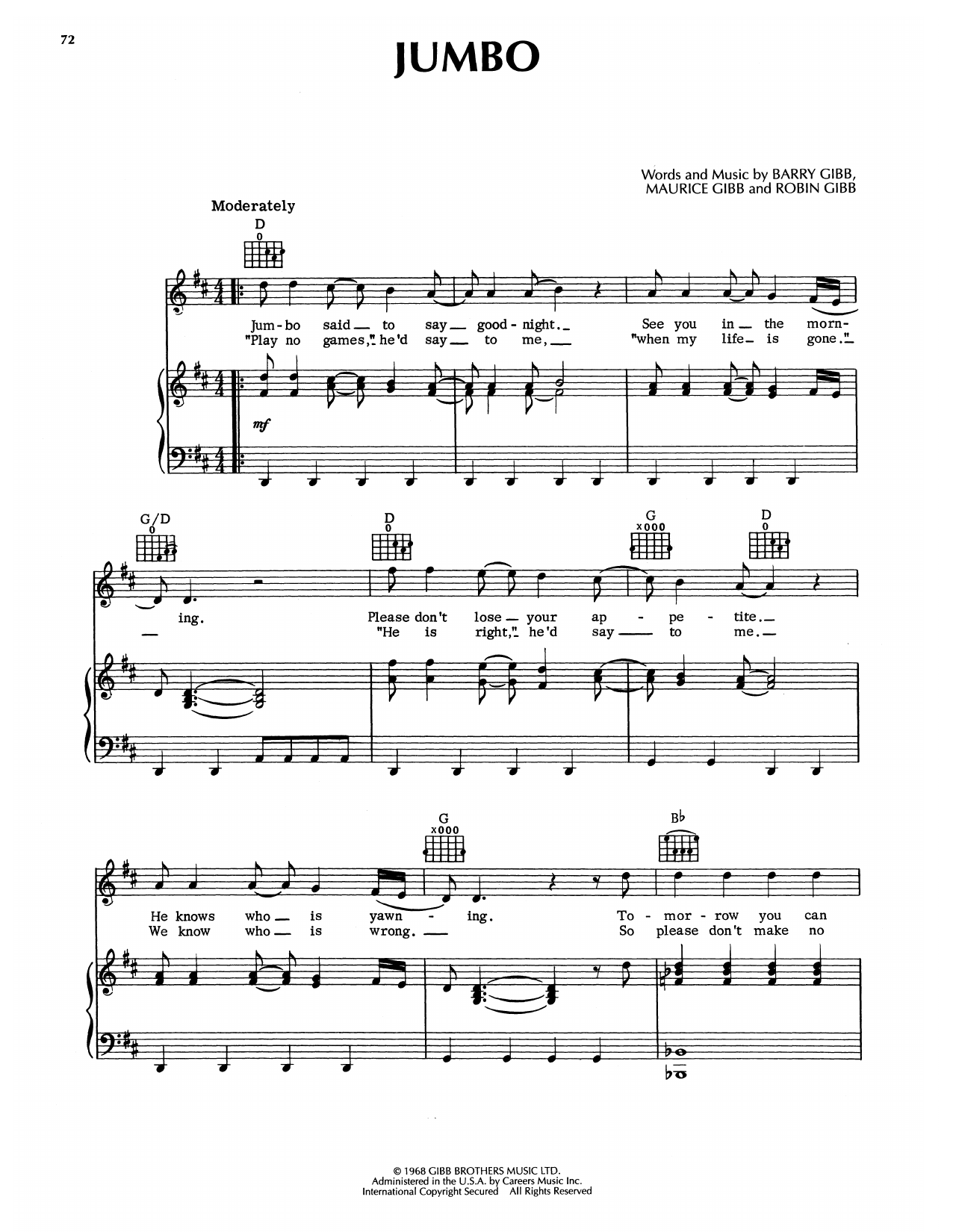 Download Bee Gees Jumbo Sheet Music and learn how to play Piano, Vocal & Guitar Chords (Right-Hand Melody) PDF digital score in minutes