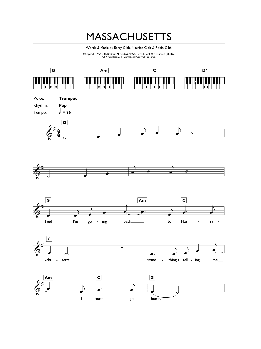 Download Bee Gees Massachusetts Sheet Music and learn how to play Piano Chords/Lyrics PDF digital score in minutes
