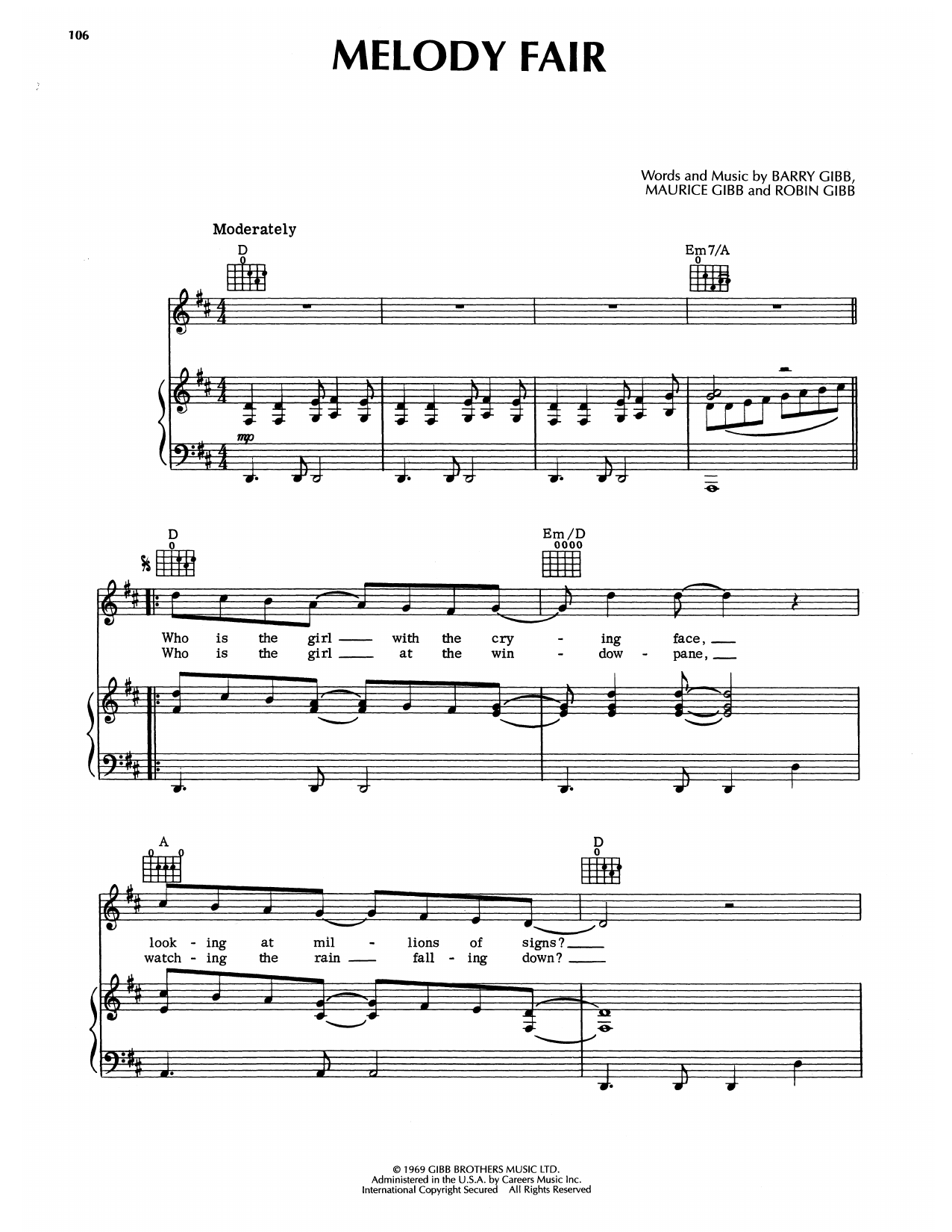 Download Bee Gees Melody Fair Sheet Music and learn how to play Piano, Vocal & Guitar Chords (Right-Hand Melody) PDF digital score in minutes
