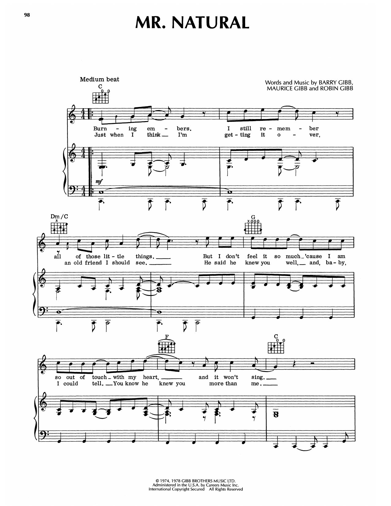 Download Bee Gees Mr. Natural Sheet Music and learn how to play Piano, Vocal & Guitar Chords (Right-Hand Melody) PDF digital score in minutes