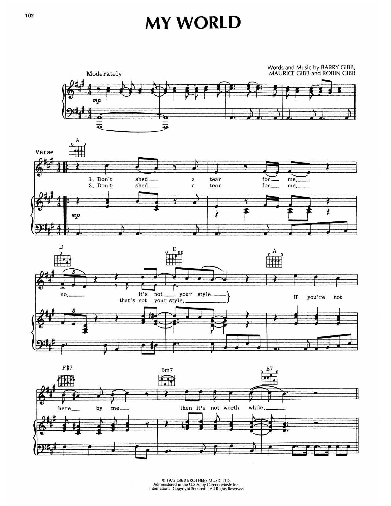 Download Bee Gees My World Sheet Music and learn how to play Piano, Vocal & Guitar Chords (Right-Hand Melody) PDF digital score in minutes