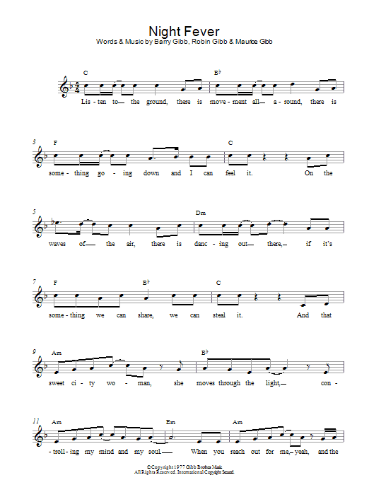 Download Bee Gees Night Fever Sheet Music and learn how to play Melody Line, Lyrics & Chords PDF digital score in minutes