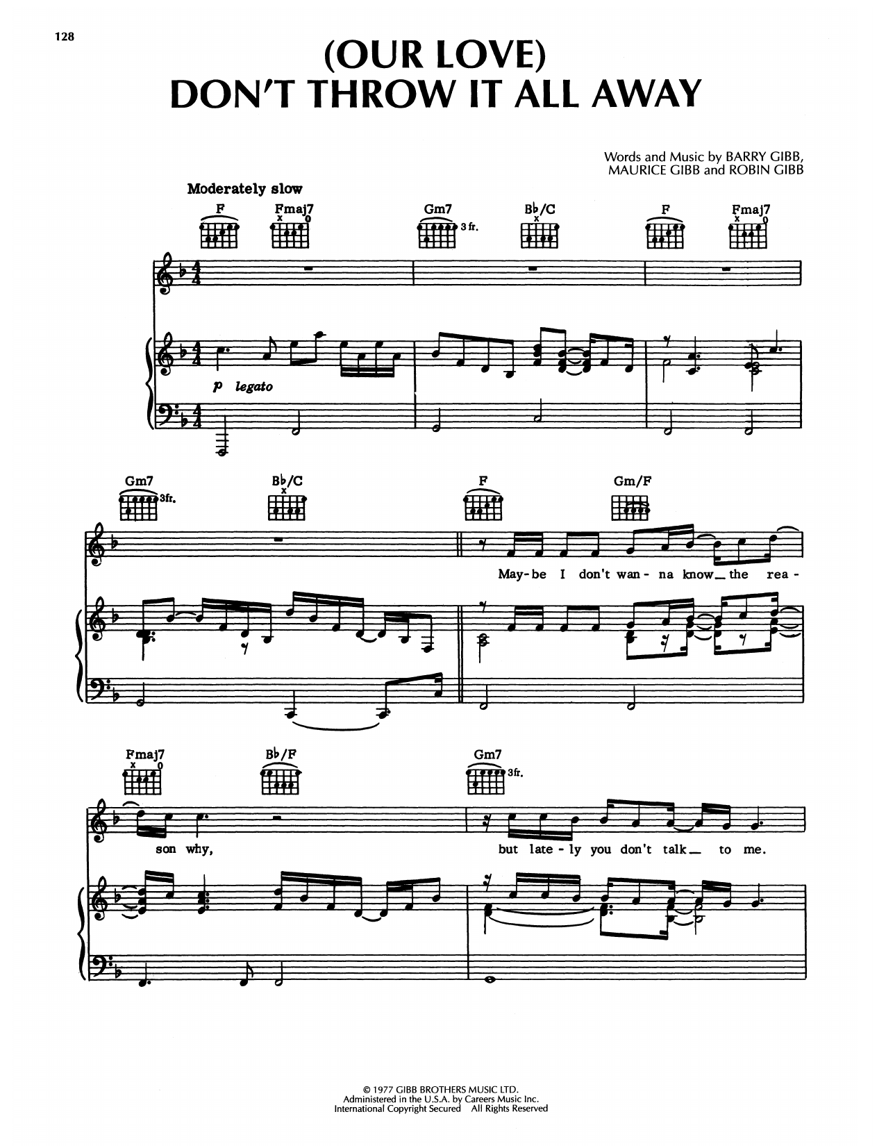 Download Bee Gees (Our Love) Don't Throw It All Away Sheet Music and learn how to play Piano, Vocal & Guitar Chords (Right-Hand Melody) PDF digital score in minutes