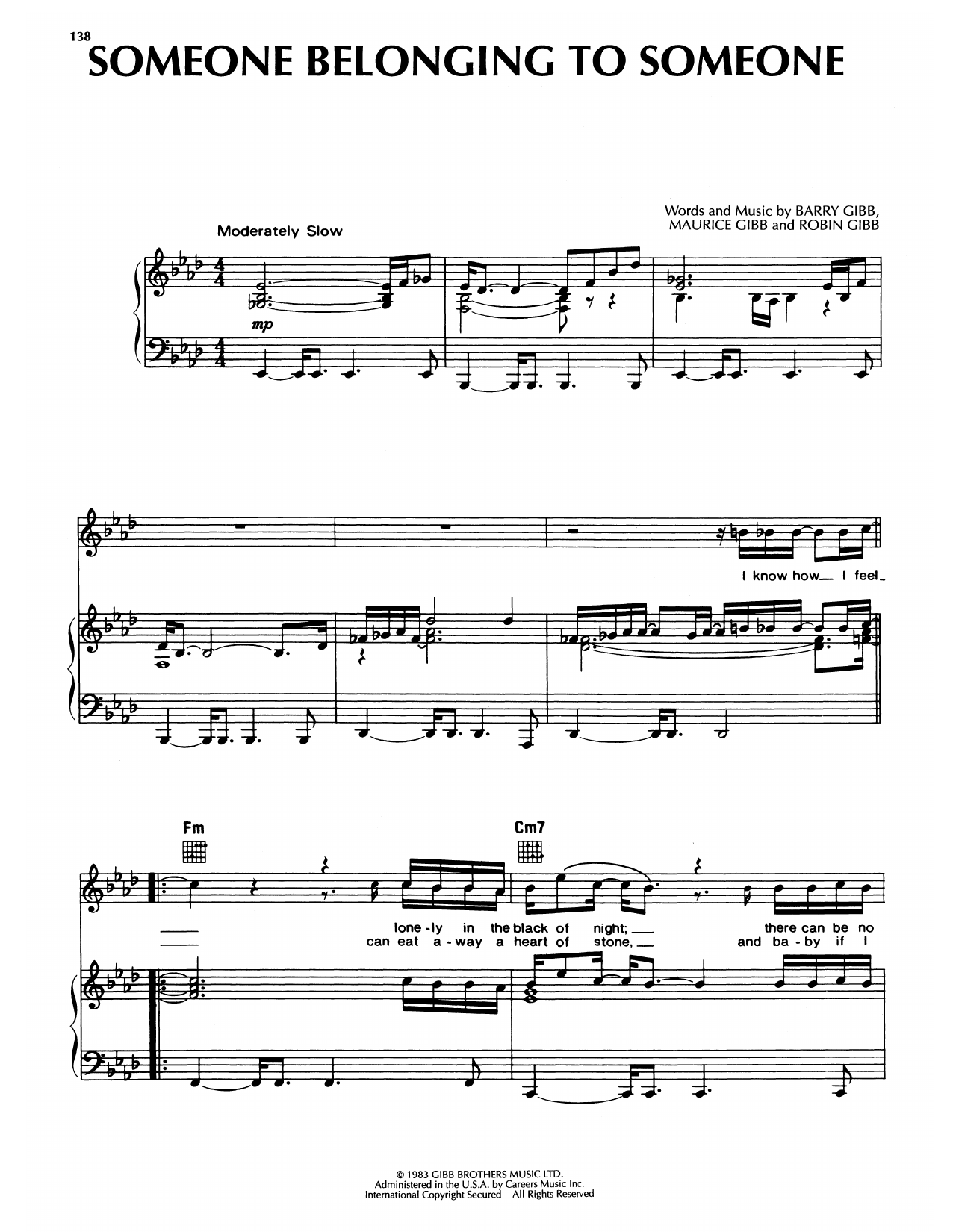 Download Bee Gees Someone Belonging To Someone Sheet Music and learn how to play Piano, Vocal & Guitar Chords (Right-Hand Melody) PDF digital score in minutes
