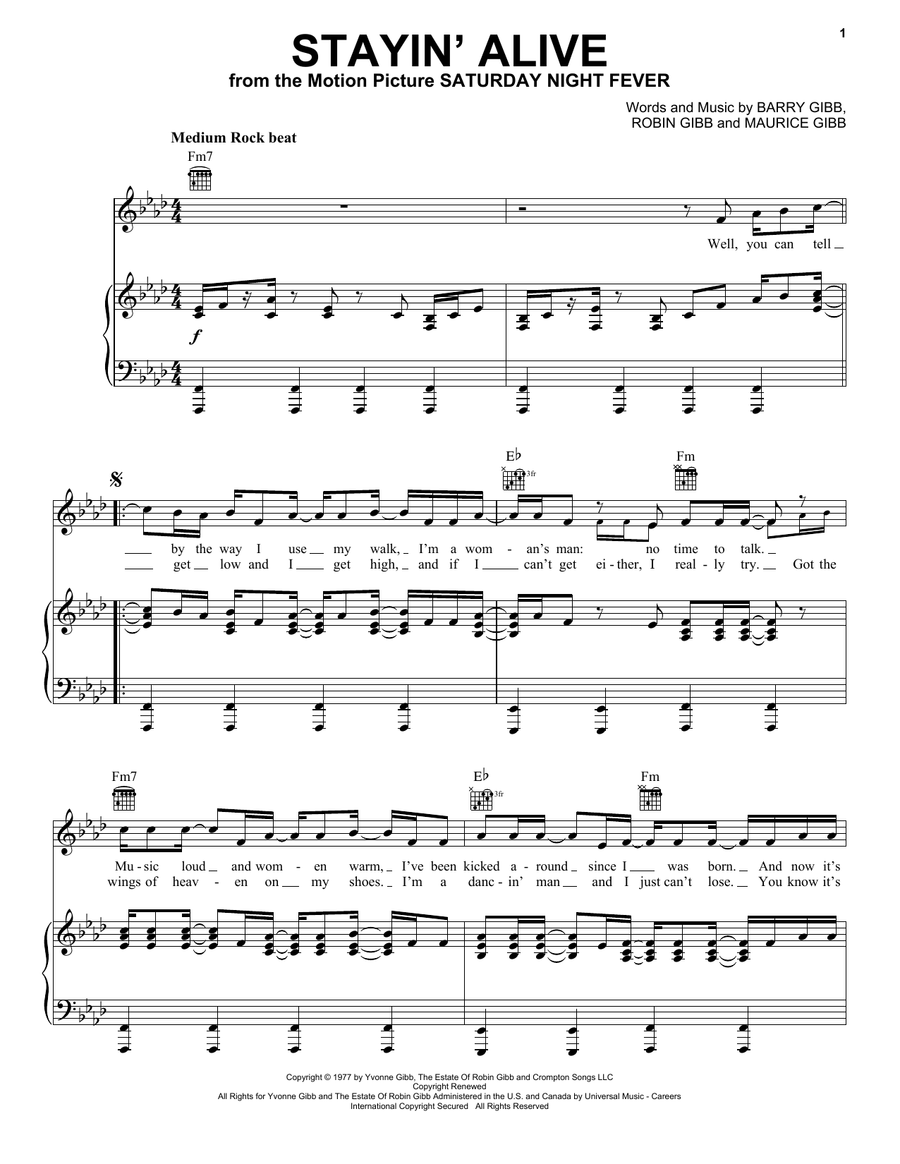 Download Bee Gees Stayin' Alive Sheet Music and learn how to play Easy Guitar Tab PDF digital score in minutes