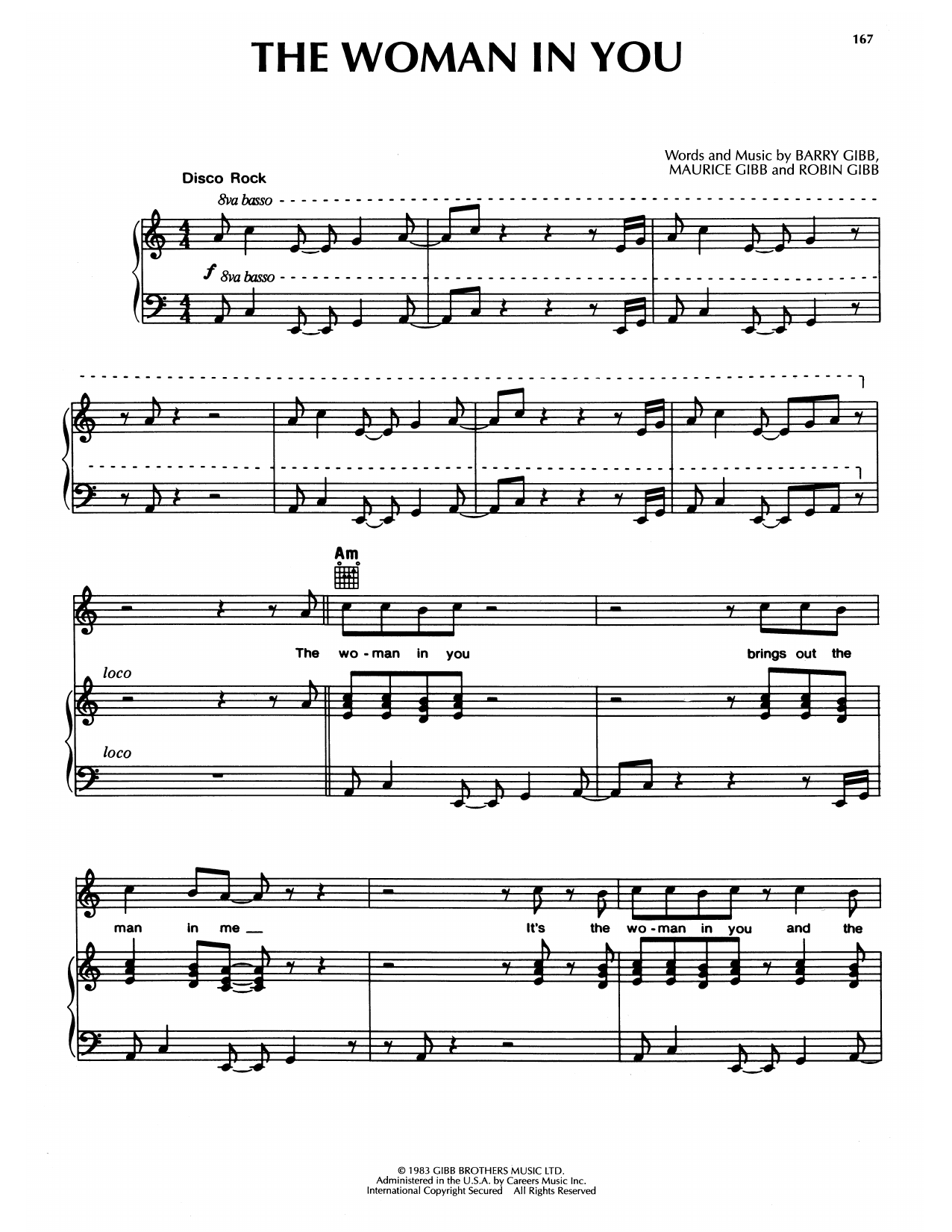 Download Bee Gees The Woman In You Sheet Music and learn how to play Piano, Vocal & Guitar Chords (Right-Hand Melody) PDF digital score in minutes