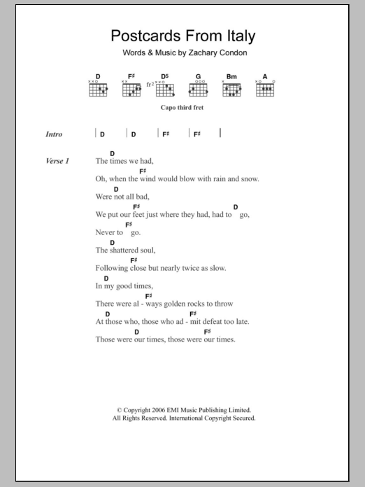 Download Beirut Postcards From Italy Sheet Music and learn how to play Lyrics & Chords PDF digital score in minutes