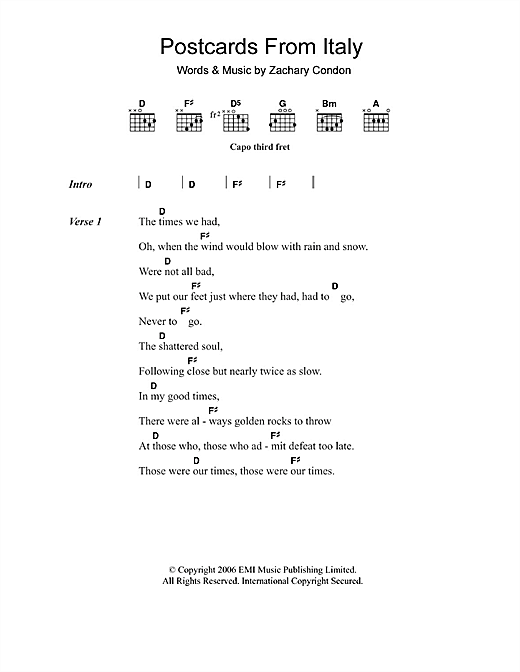 Download Beirut Postcards From Italy Sheet Music and learn how to play Lyrics & Chords PDF digital score in minutes