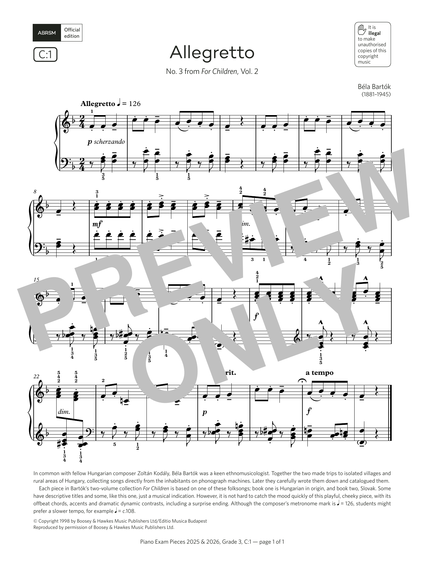 Download Béla Bartók Allegretto (Grade 3, list C1, from the ABRSM Piano Syllabus 2025 & 2026) Sheet Music and learn how to play Piano Solo PDF digital score in minutes