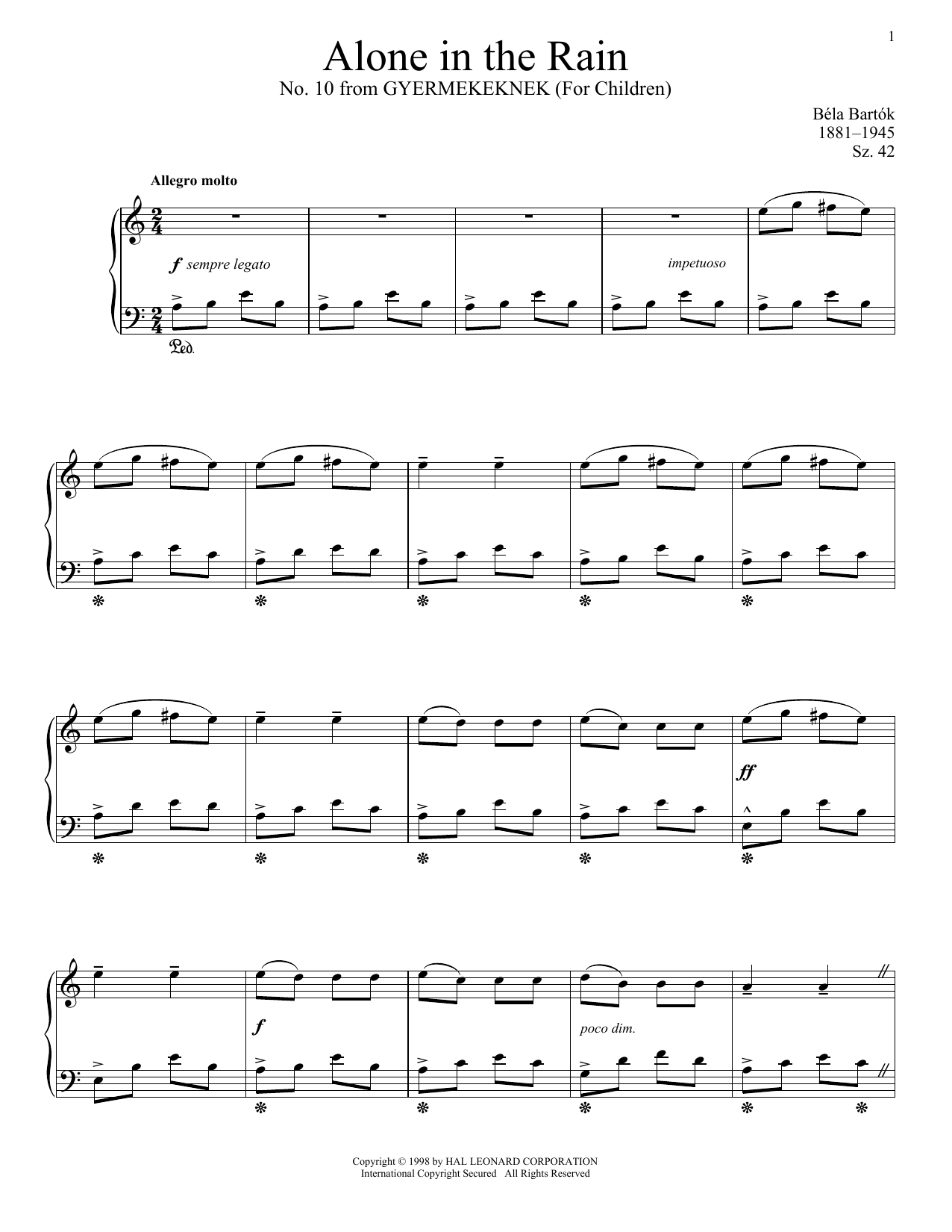 Download Bela Bartok Alone In The Rain Sheet Music and learn how to play Piano PDF digital score in minutes