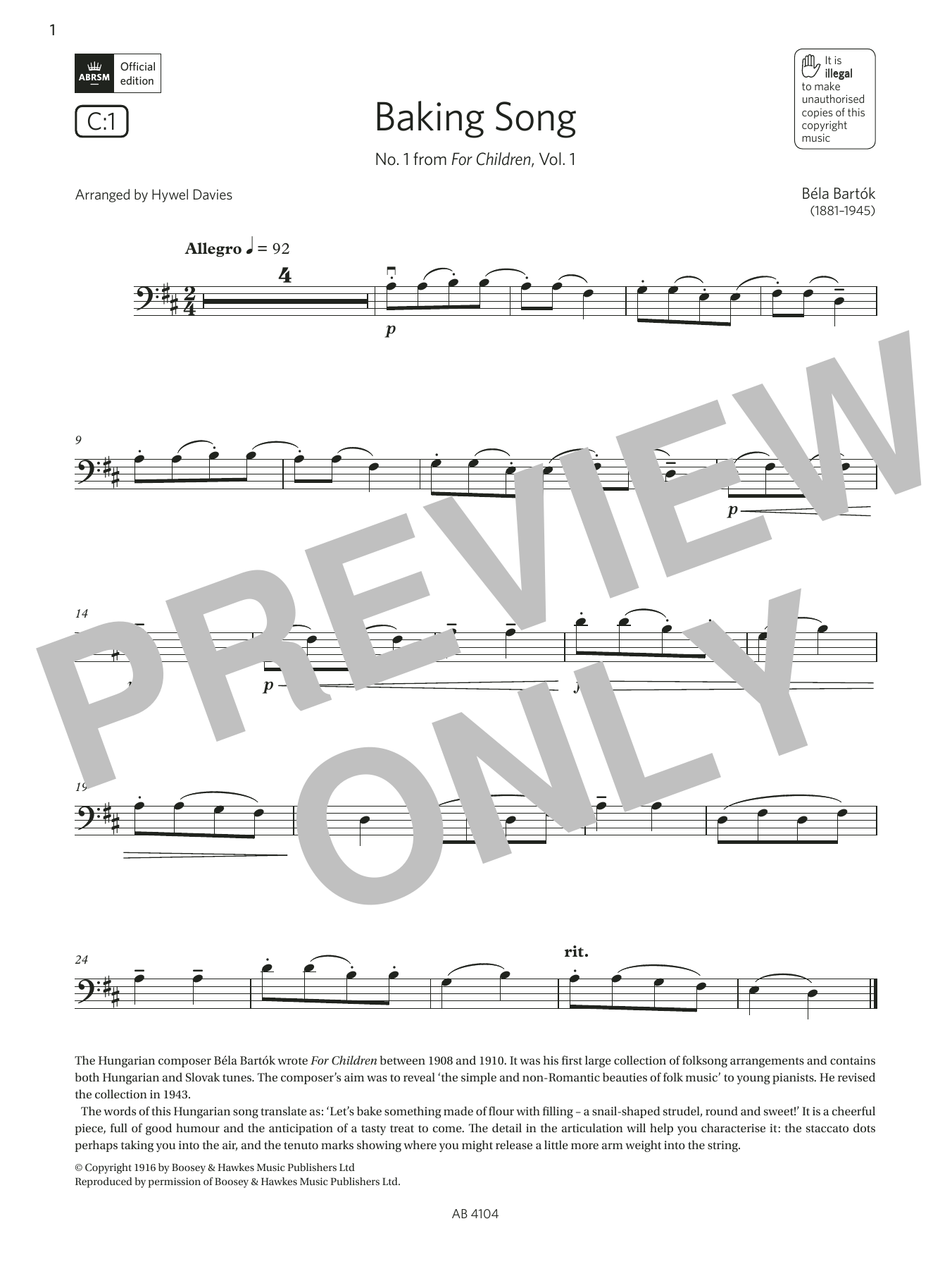 Download Bela Bartók Baking Song (Grade 1, C1, from the ABRSM Cello Syllabus from 2024) Sheet Music and learn how to play Cello Solo PDF digital score in minutes