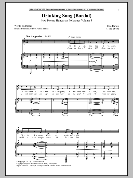 Download Bela Bartok Drinking Song (Bordal) (from Twenty Hungarian Folksongs Vol. 3) Sheet Music and learn how to play Piano PDF digital score in minutes