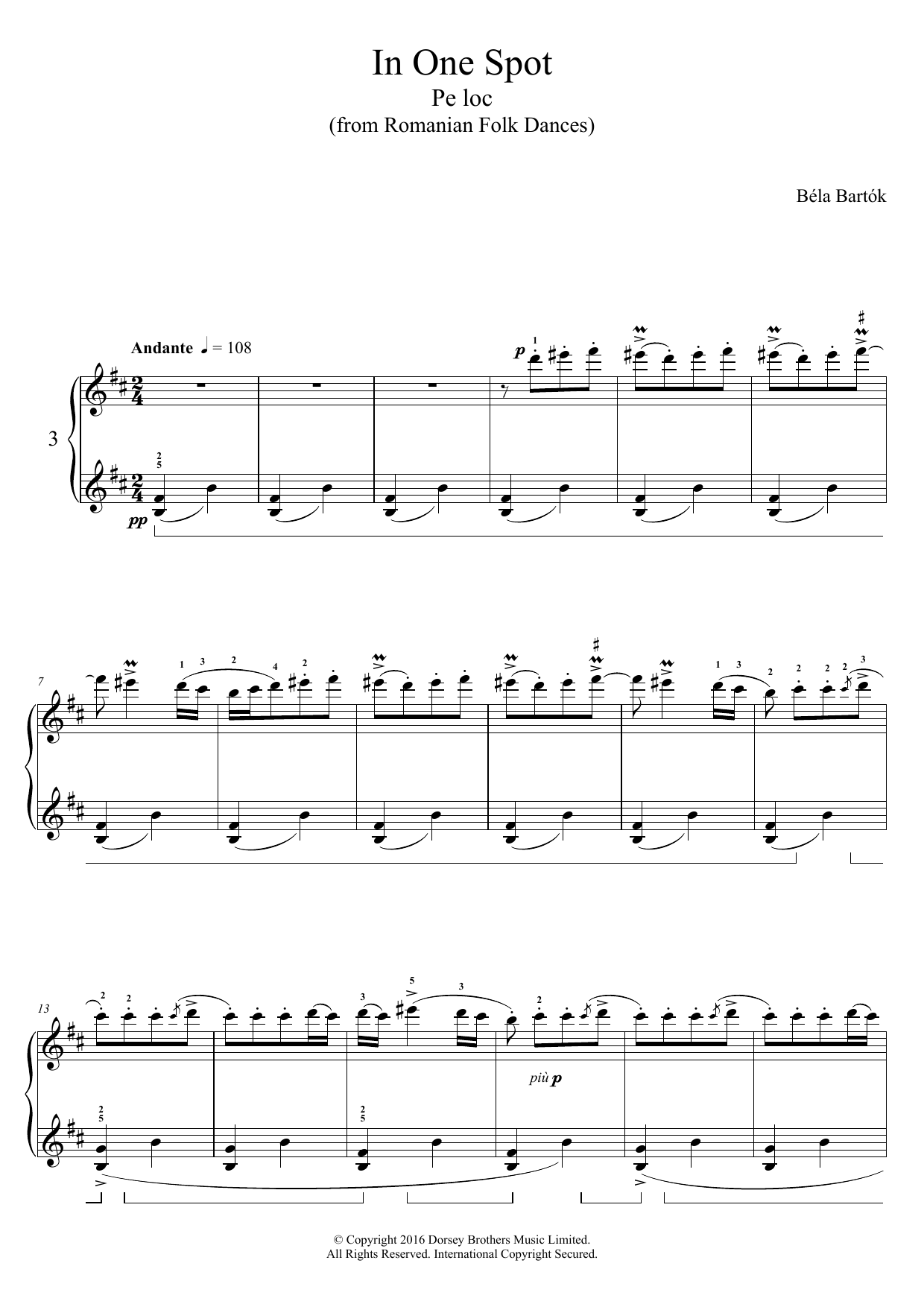 Download Bela Bartok In One Spot (from Romanian Folk Dances) Sheet Music and learn how to play Piano PDF digital score in minutes
