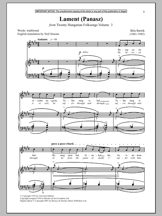 Download Bela Bartok Lament (Panasz) (from Twenty Hungarian Folksongs Vol. 3) Sheet Music and learn how to play Piano PDF digital score in minutes