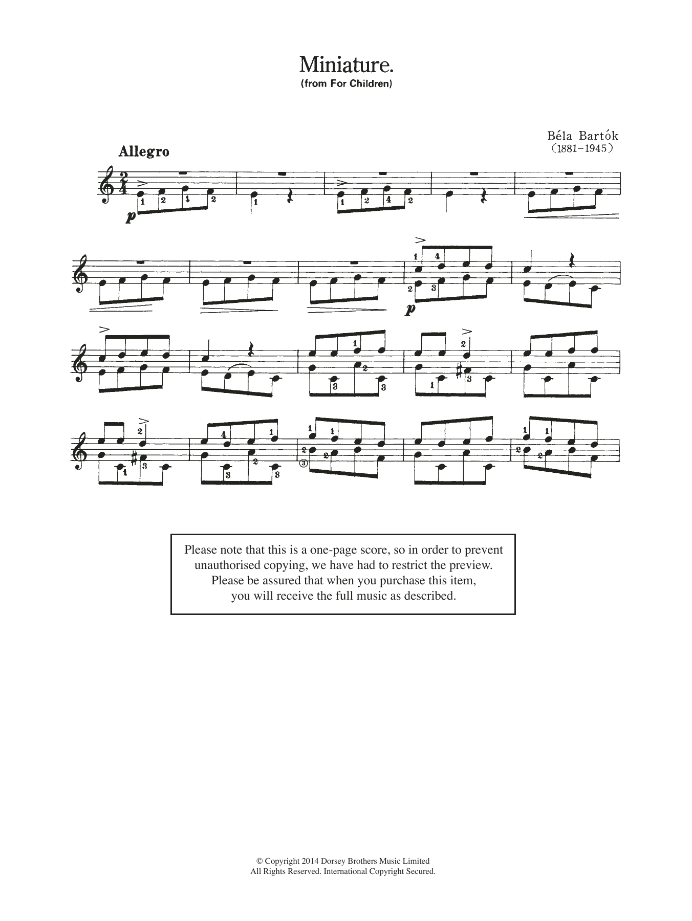 Download Bela Bartok Miniature (From 'For Children') Sheet Music and learn how to play Guitar PDF digital score in minutes