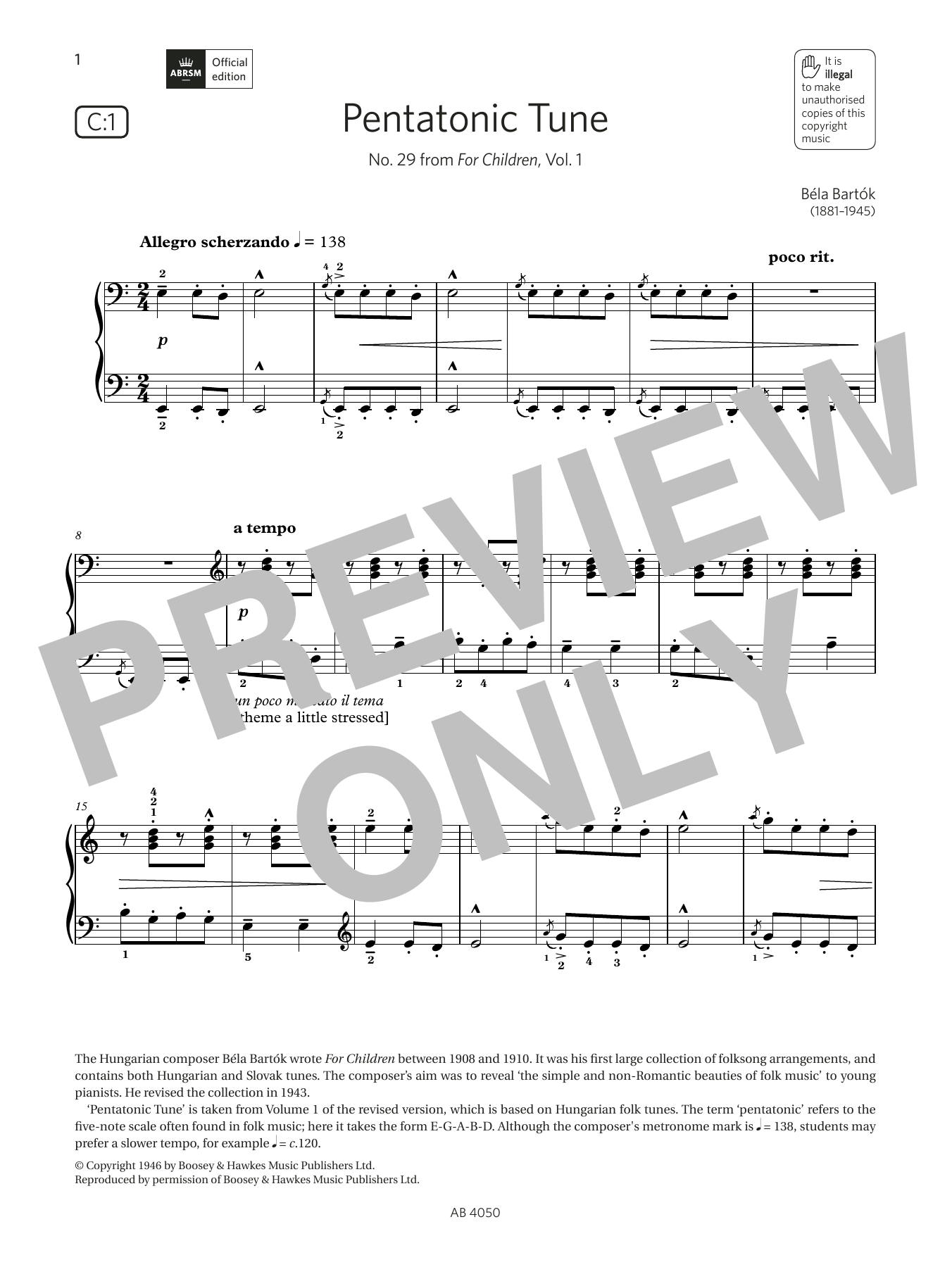 Download Béla Bartók Pentatonic Tune (Grade 4, list C1, from the ABRSM Piano Syllabus 2023 & 2024) Sheet Music and learn how to play Piano Solo PDF digital score in minutes