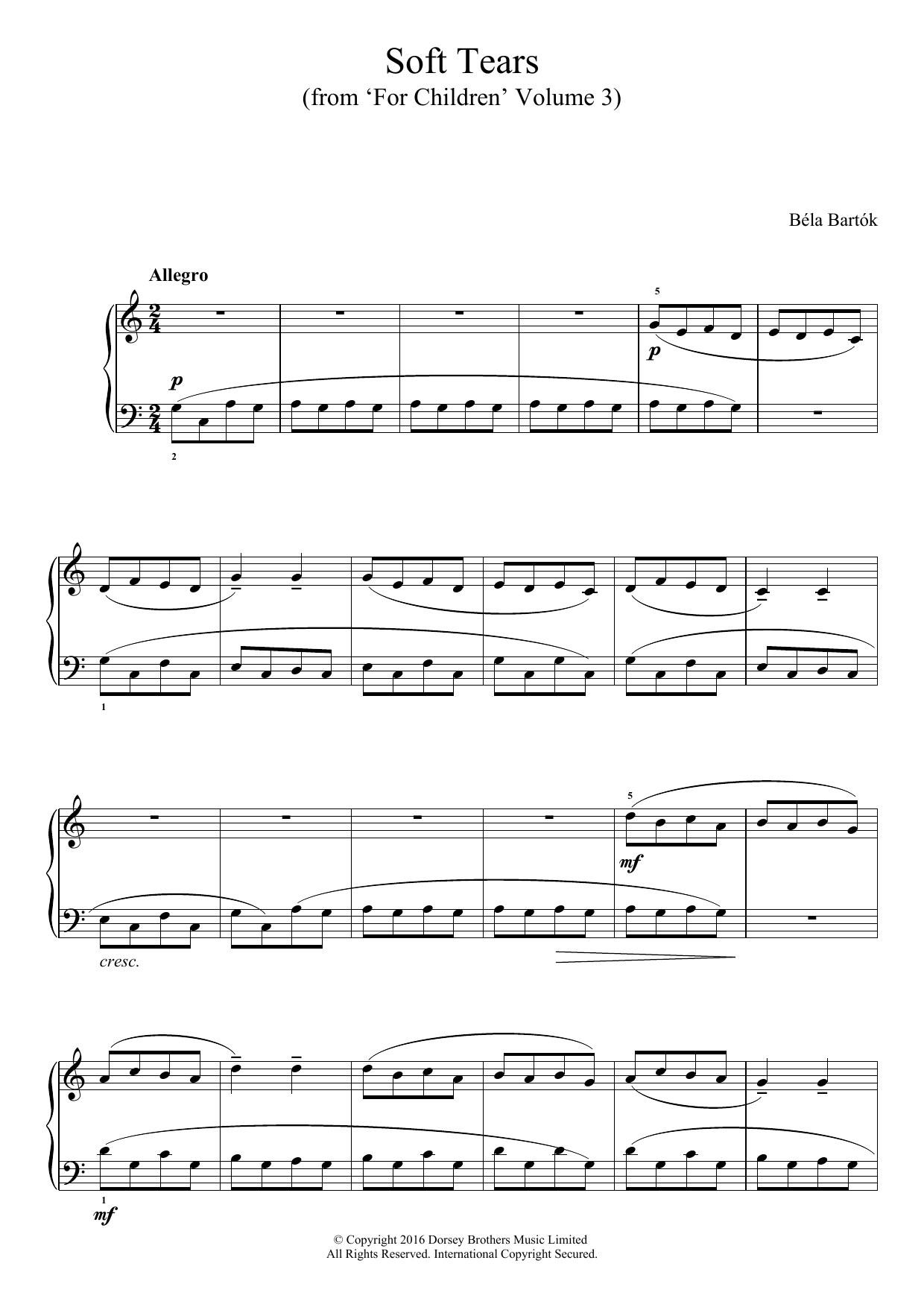 Download Bela Bartok Soft Tears (from 'For Children', Volume 3) Sheet Music and learn how to play Easy Piano PDF digital score in minutes