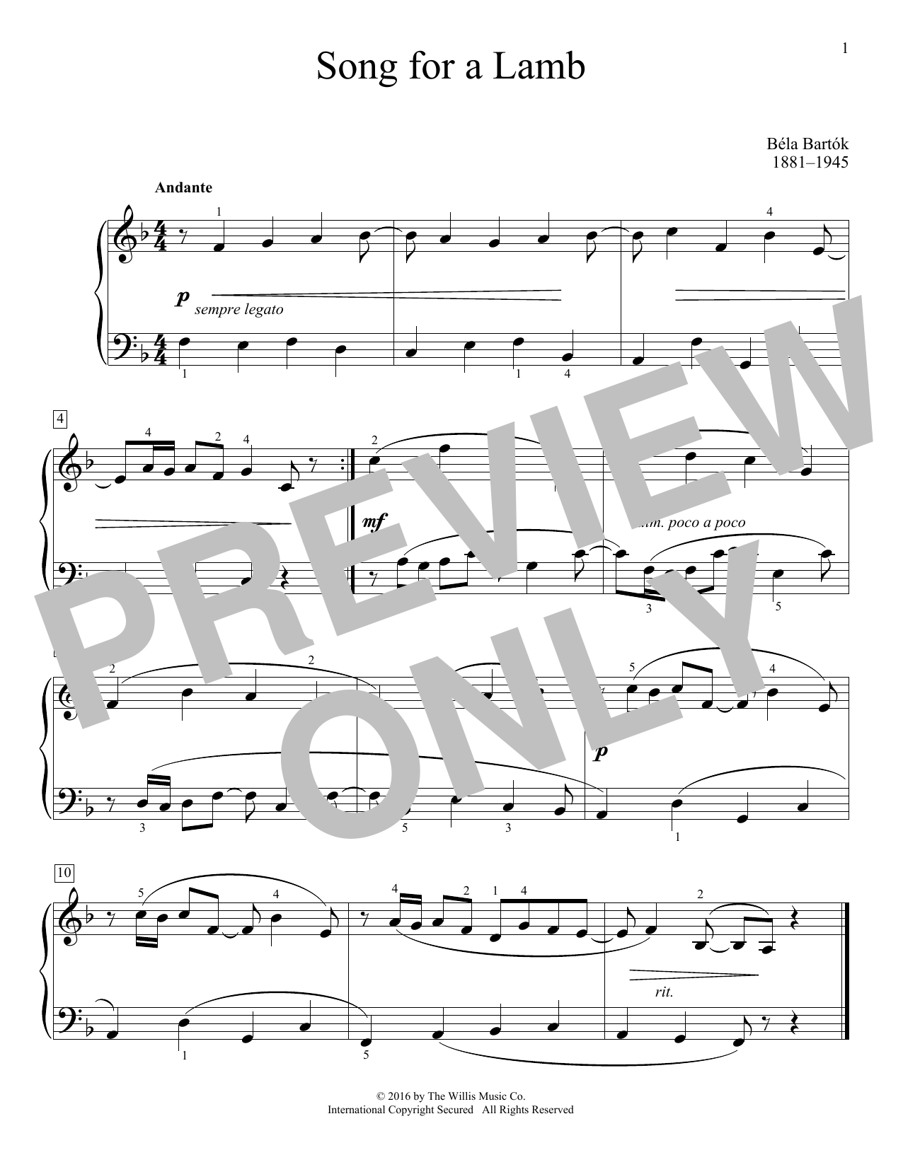 Download Bela Bartok Song For A Lamb Sheet Music and learn how to play Educational Piano PDF digital score in minutes