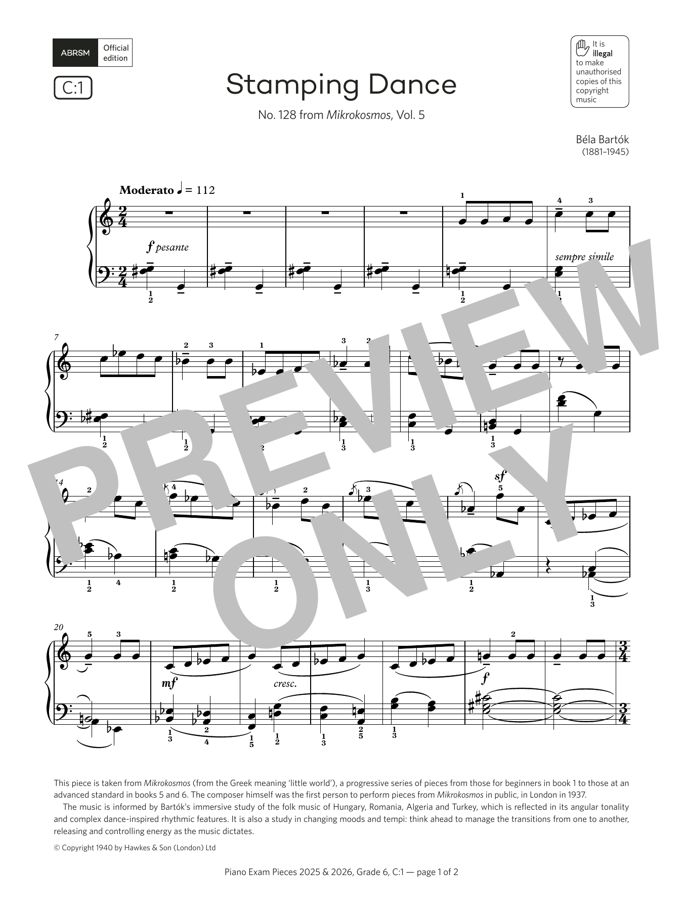 Download Béla Bartók Stamping Dance (Grade 6, list C1, from the ABRSM Piano Syllabus 2025 & 2026) Sheet Music and learn how to play Piano Solo PDF digital score in minutes