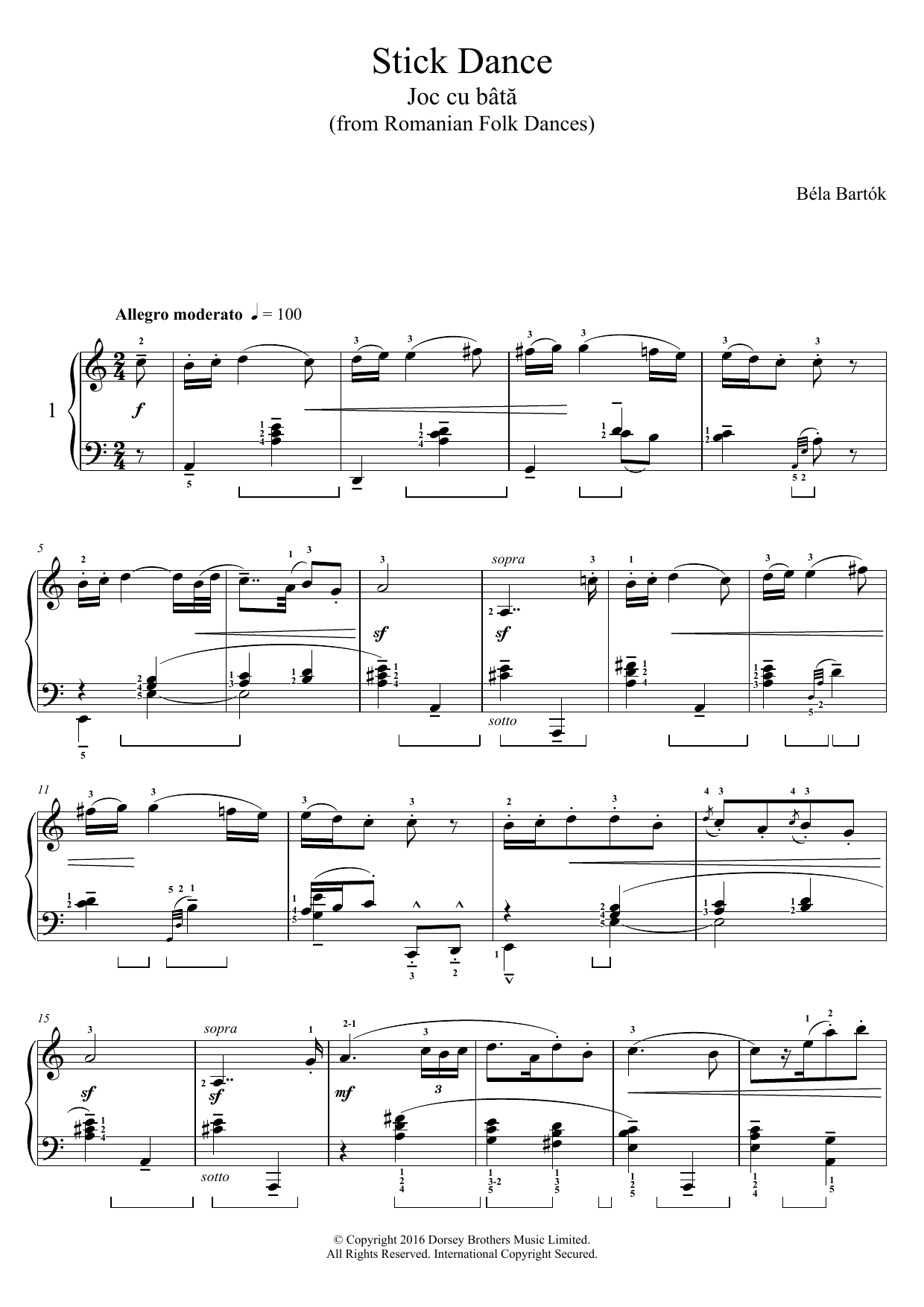 Download Bela Bartok Stick Dance (From Romanian Folk Dances) Sheet Music and learn how to play Piano PDF digital score in minutes
