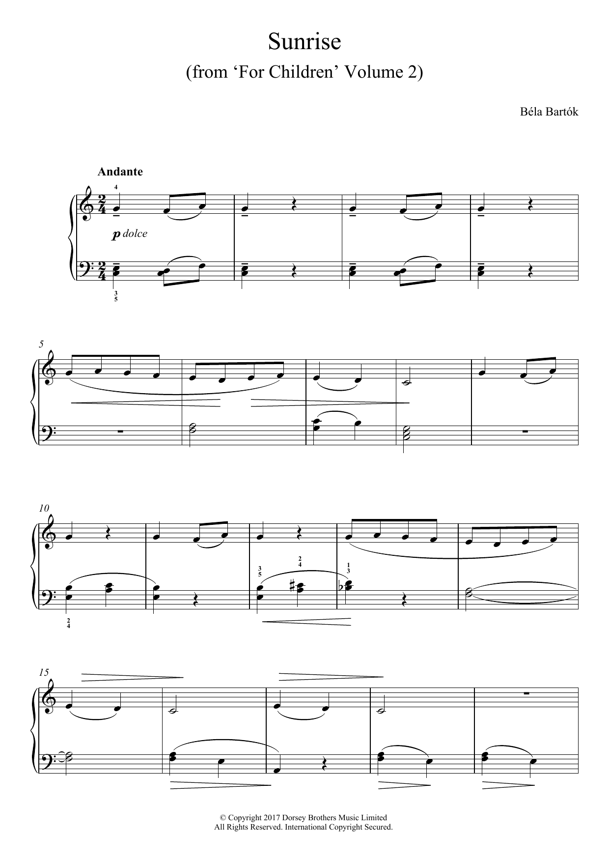 Download Bela Bartok Sunrise (from 'For Children', Volume 2) Sheet Music and learn how to play Easy Piano PDF digital score in minutes